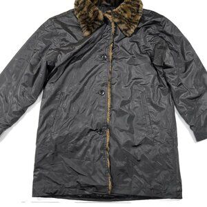Atlantic Beach Black‎ Leopard Faux Fur Trim Button Up Jacket Small PVC